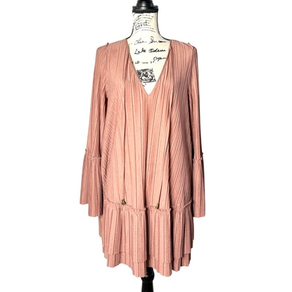 Free People Cant Help It Pleated Dress Oversized Pink V-Neck Long Sleeve Size S - Picture 2 of 9